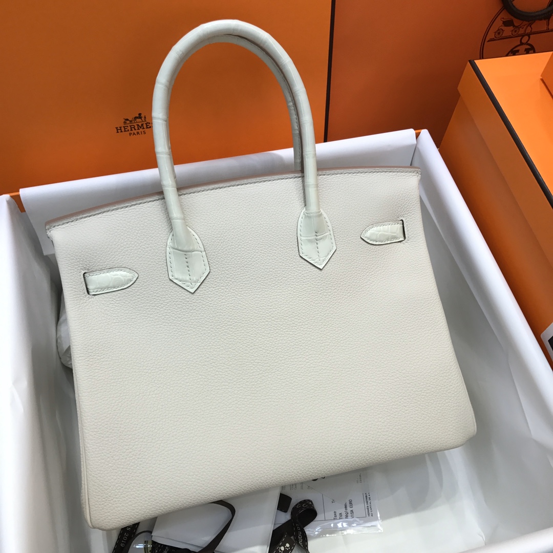 Hermes Touch Birkin 30CM Handbag In White Clemence and Matte Alligator Crocodile Skin